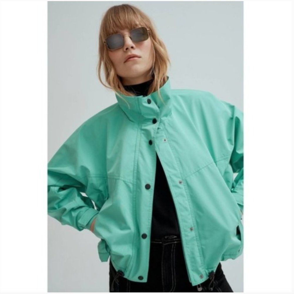 NOIZE Skye Turquoise Funnel Neck Windbreaker Jacket NWT L Boxy Scandi Techwear